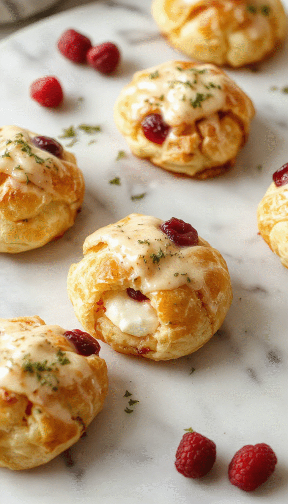 Colorful platter of golden-brown crescent bites filled with vibrant cranberry and creamy cheese, garnished with fresh herbs, styled on a rustic wooden board, with a drizzle of honey and a background of fall leaves.