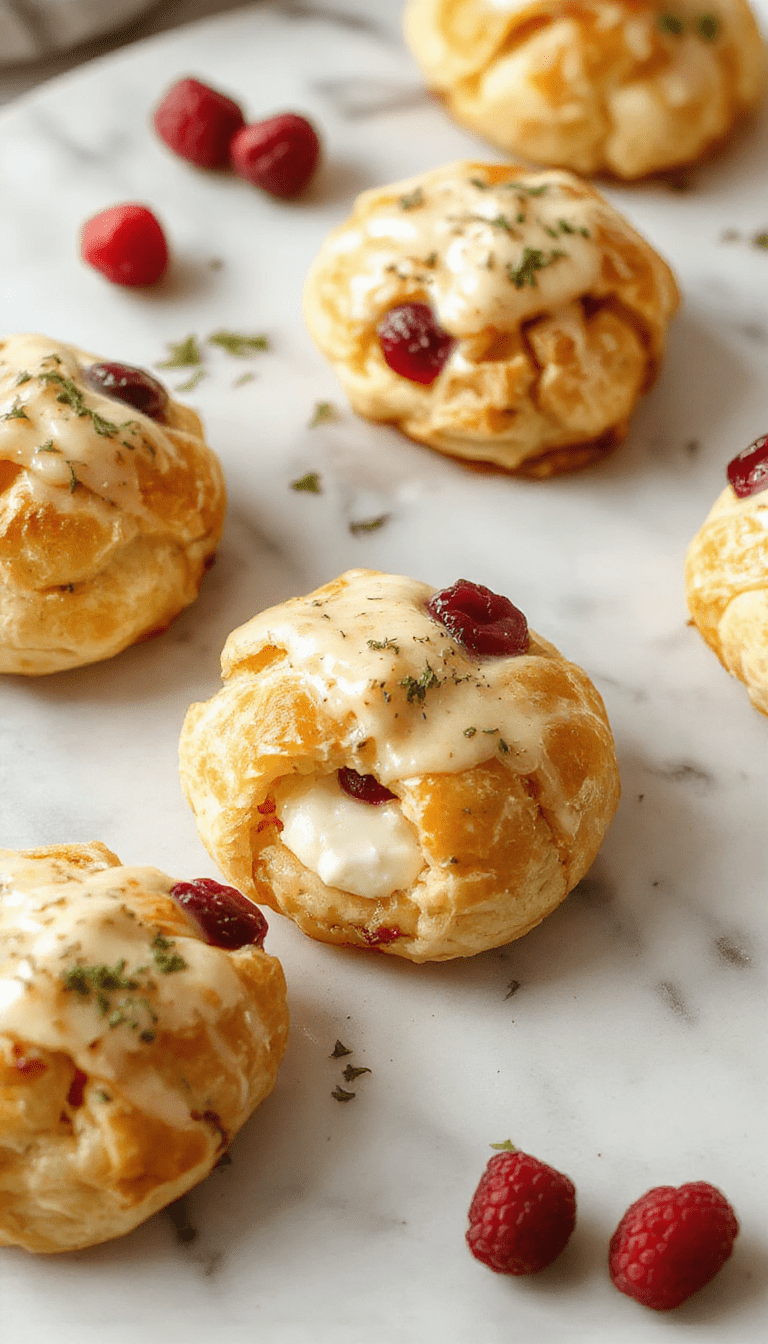 Colorful platter of golden-brown crescent bites filled with vibrant cranberry and creamy cheese, garnished with fresh herbs, styled on a rustic wooden board, with a drizzle of honey and a background of fall leaves.