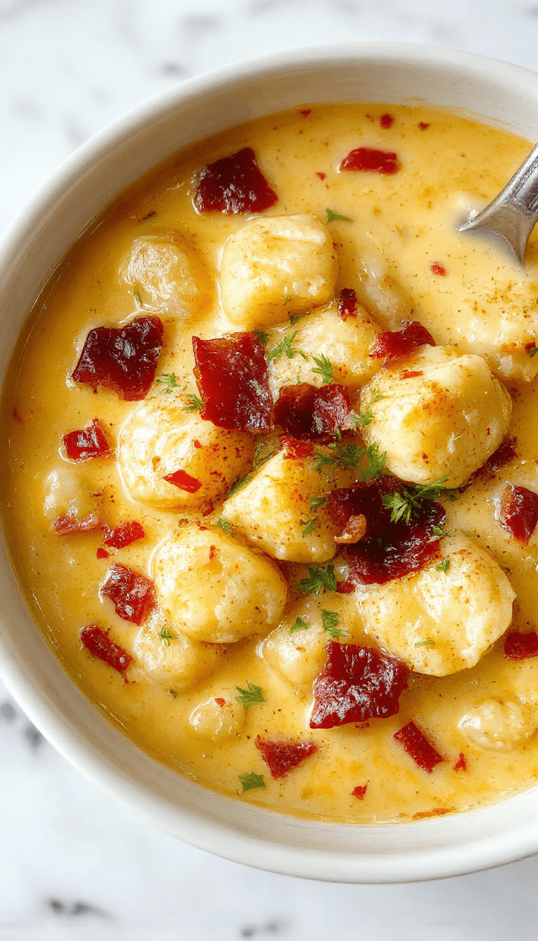 A vibrant bowl of creamy bacon cheddar gnocchi soup topped with crispy bacon bits and melted cheese, surrounded by fresh herbs on a rustic wooden table