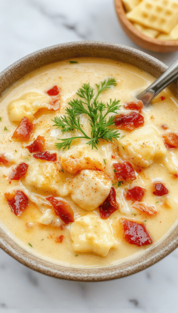 A steaming bowl of creamy bacon cheddar gnocchi soup featuring golden gnocchi, crispy bacon bits, melted cheddar cheese, and fresh herbs, served in a white ceramic bowl on a rustic wooden table with fresh ingredients around.
