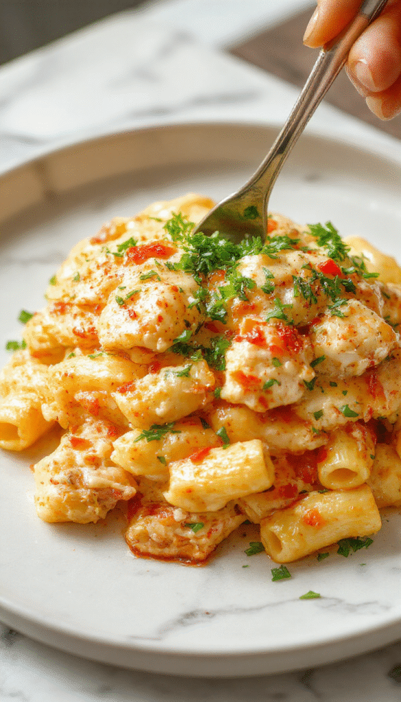 A vibrant plate of creamy Boursin chicken pasta garnished with fresh herbs, featuring tender chicken pieces enveloped in a rich, cheesy sauce with basil and pepper, served on a white elegant plate with a rustic wooden background