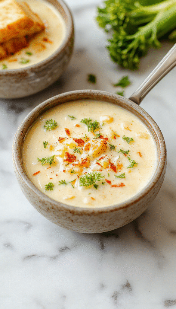 A vibrant bowl of creamy broccoli and cheddar potato soup garnished with shredded cheddar and fresh herbs. The smooth, thick soup showcases bright green broccoli florets contrasting with the golden-brown toasted croutons on top. The bowl is set on a rustic wooden table with a spoon resting beside it, evoking warmth and comfort.