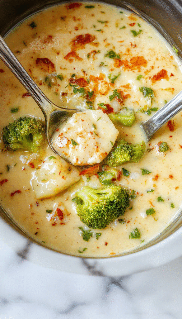 A warm, inviting bowl of creamy broccoli and cheese potato soup sitting on a rustic wooden table. The soup has a smooth texture with vibrant green broccoli florets, melted cheese drizzled on top, and a side of crusty bread. The background features a cozy, softly-lit kitchen setting with steam gently rising from the bowl, emphasizing a hearty and comforting meal.