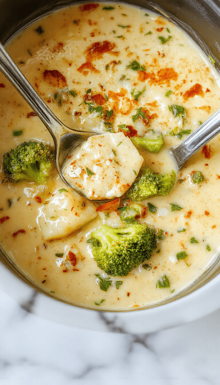 A warm, inviting bowl of creamy broccoli and cheese potato soup sitting on a rustic wooden table. The soup has a smooth texture with vibrant green broccoli florets, melted cheese drizzled on top, and a side of crusty bread. The background features a cozy, softly-lit kitchen setting with steam gently rising from the bowl, emphasizing a hearty and comforting meal.
