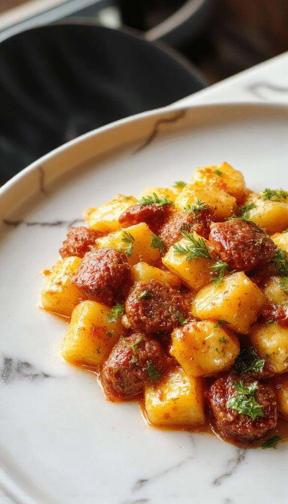 A close-up of golden brown gnocchi coated in creamy butternut squash sauce served on a rustic white plate, garnished with crispy sausage slices and fresh herbs, with a backdrop of autumnal wooden table and leaves.