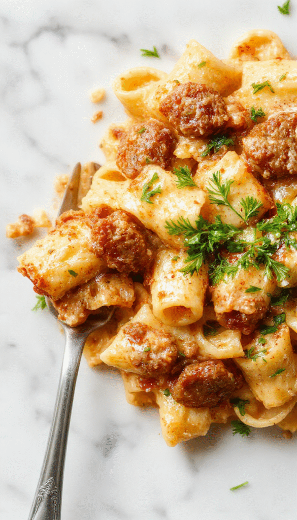 A vibrant plate of creamy Cajun sausage pasta featuring sliced sausage, colorful bell peppers, and green herbs on a white ceramic dish, garnished with parsley, with a rustic wooden table background and a fork twirling pasta.