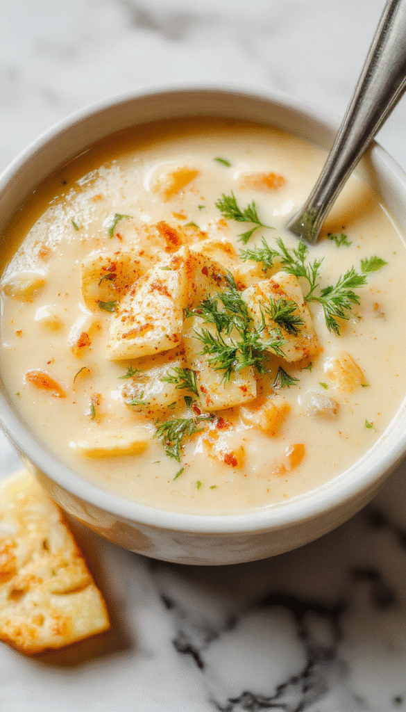 A steaming bowl of creamy cheddar garlic herb potato soup garnished with chopped herbs and shredded cheese, served in a white bowl on a rustic wooden table, with fresh herbs and garlic cloves in the background, highlighting the rich textures and warm colors of the soup.