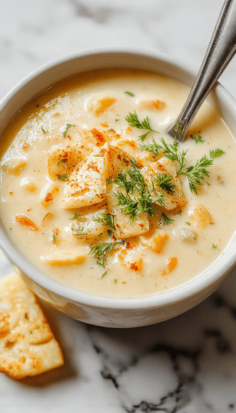 A steaming bowl of creamy cheddar garlic herb potato soup garnished with chopped herbs and shredded cheese, served in a white bowl on a rustic wooden table, with fresh herbs and garlic cloves in the background, highlighting the rich textures and warm colors of the soup.