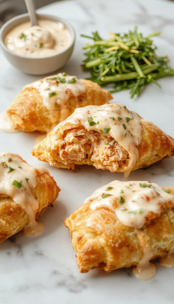 A close-up of golden-brown crescent roll pinwheels filled with juicy shredded chicken and melted cheese, garnished with chopped herbs on a rustic white plate, with a flaky, crispy texture visible.