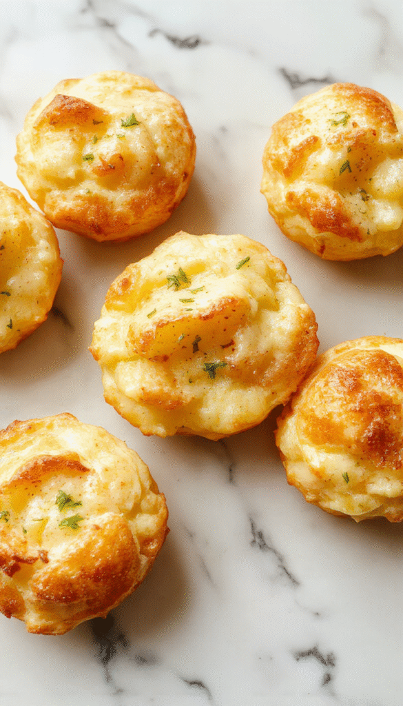 A close-up of golden-brown cheesy mashed potato puffs arranged on a rustic white plate, garnished with fresh herbs, with a crispy, textured exterior and a soft, fluffy interior visible from a slightly cracked puff, set against a warm, inviting background.