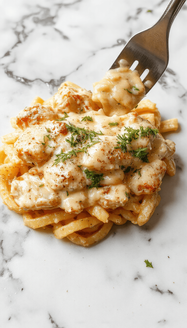 A close-up of a creamy chicken Alfredo dish featuring tender shredded chicken and fettuccine coated in a rich, velvety white sauce, garnished with freshly chopped parsley on a rustic wooden table.