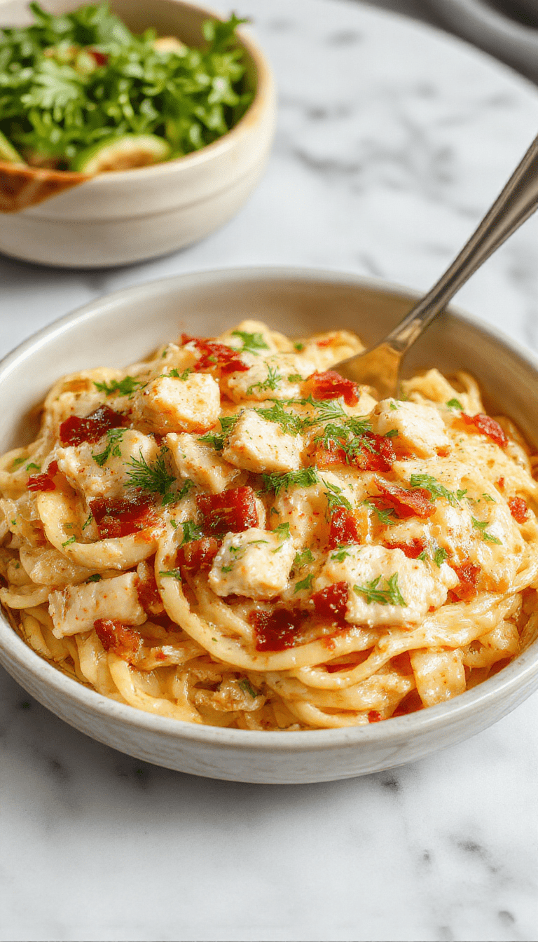 A vibrant plate of creamy chicken bacon ranch pasta featuring golden-brown bacon strips, tender pasta coated in a rich creamy sauce, garnished with chopped fresh herbs and a sprinkle of black pepper, set on a rustic wooden table with soft natural lighting highlighting the textures and colors.