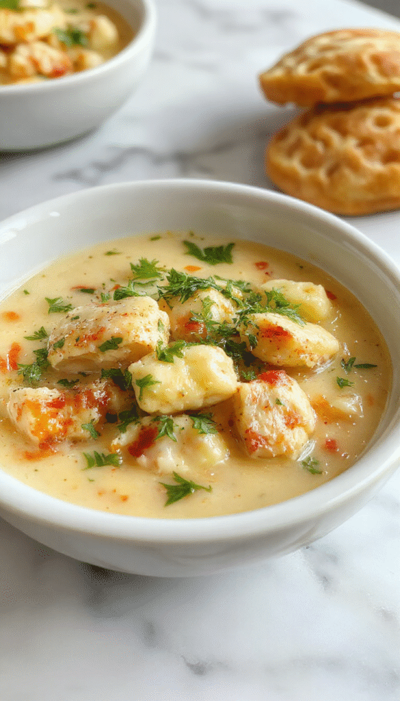 A cozy bowl of creamy chicken gnocchi soup garnished with fresh herbs, served on a rustic wooden table. The soup is thick and hearty with tender gnocchi, shredded chicken, leafy greens, and a sprinkle of parmesan cheese, creating an inviting, warm ambiance.