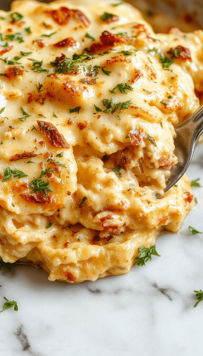 A vibrant image showcasing a creamy chicken pasta bake in a rustic white dish. The pasta is coated in a rich, cheesy sauce with tender chicken pieces visibly mixed in. The dish is garnished with fresh herbs, and the background features a wooden table with side salads and a glass of white wine. The textures are inviting, with bubbling cheese on top and perfectly cooked pasta strands.