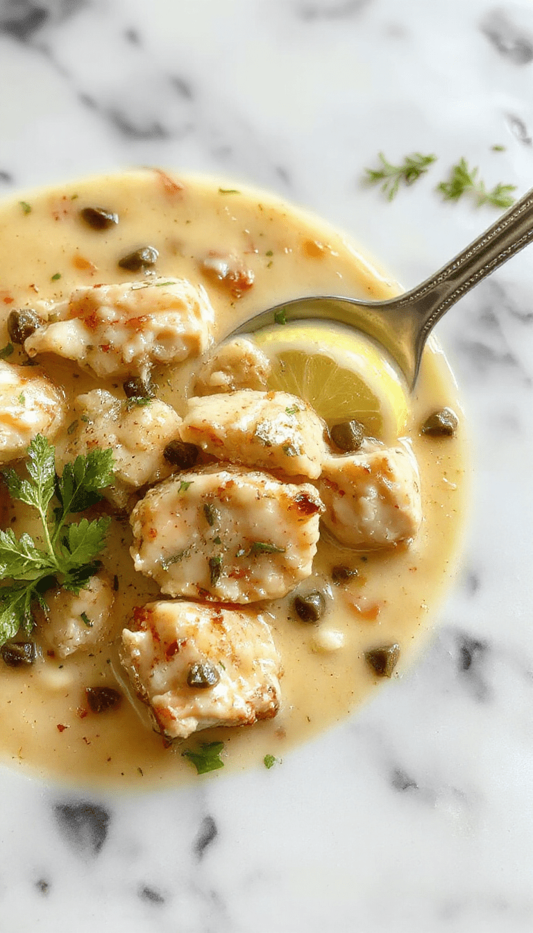 A bowl of creamy chicken piccata soup featuring tender shredded chicken in a rich, pale yellow broth, garnished with fresh lemon slices, bright green capers, and sprigs of parsley. The soup is served in a white ceramic bowl on a rustic wooden table, with visible textures of the silky broth and tender chicken pieces, accented by a lemon wedge on the side.