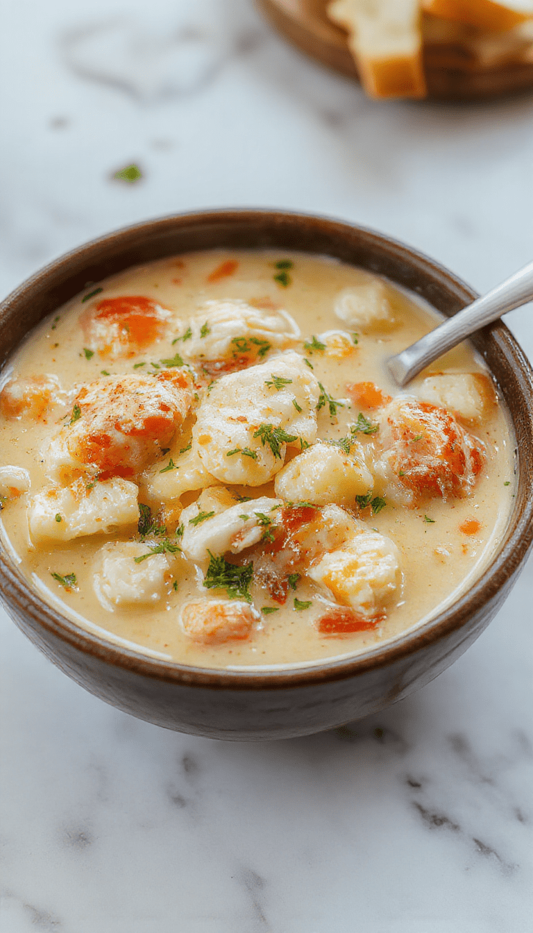 A warm bowl of creamy chicken pot pie soup topped with golden-brown pie crust crumbles, garnished with fresh herbs, served alongside rustic bread, with steam rising in a cozy kitchen setting.