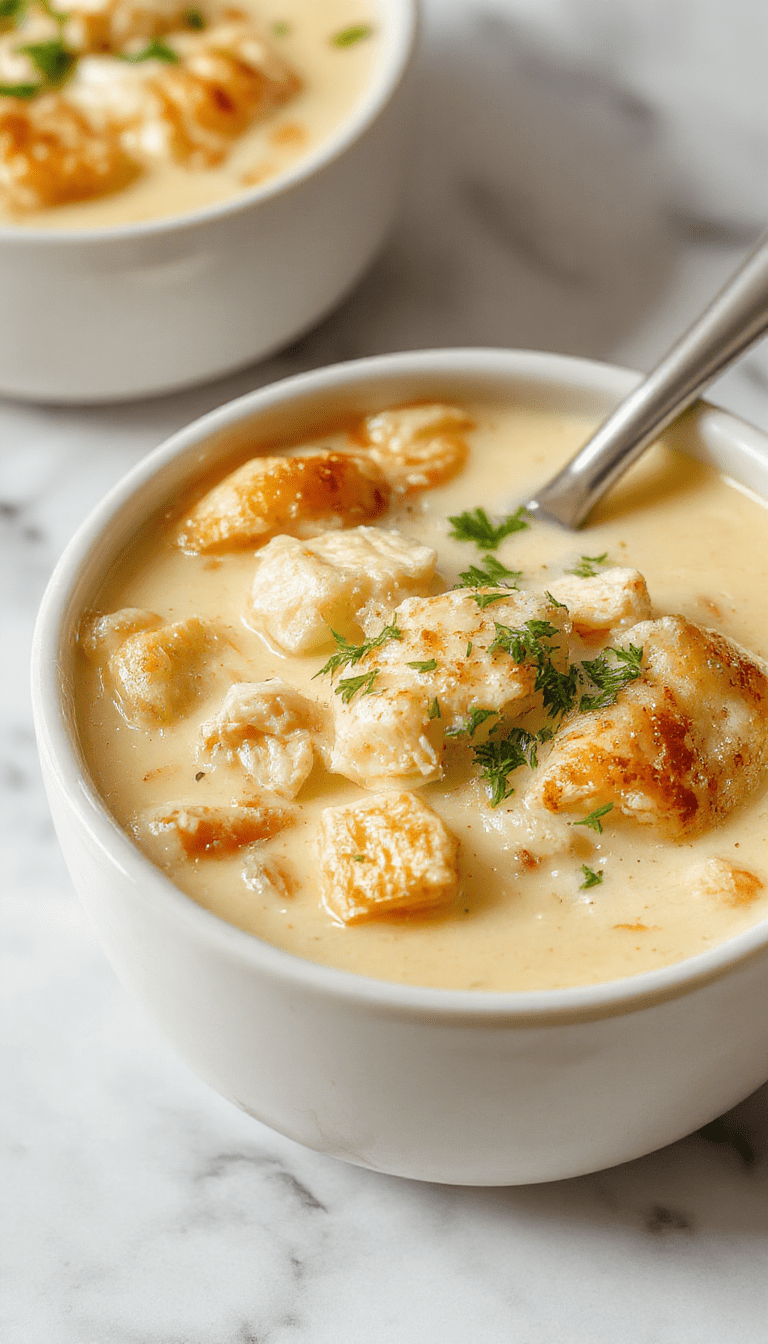 A steaming bowl of creamy chicken pot pie soup garnished with fresh thyme and chopped parsley, featuring chunks of tender chicken, carrots, celery, and peas in a rich, golden broth, served in a rustic white bowl on a wooden table with a warm background.