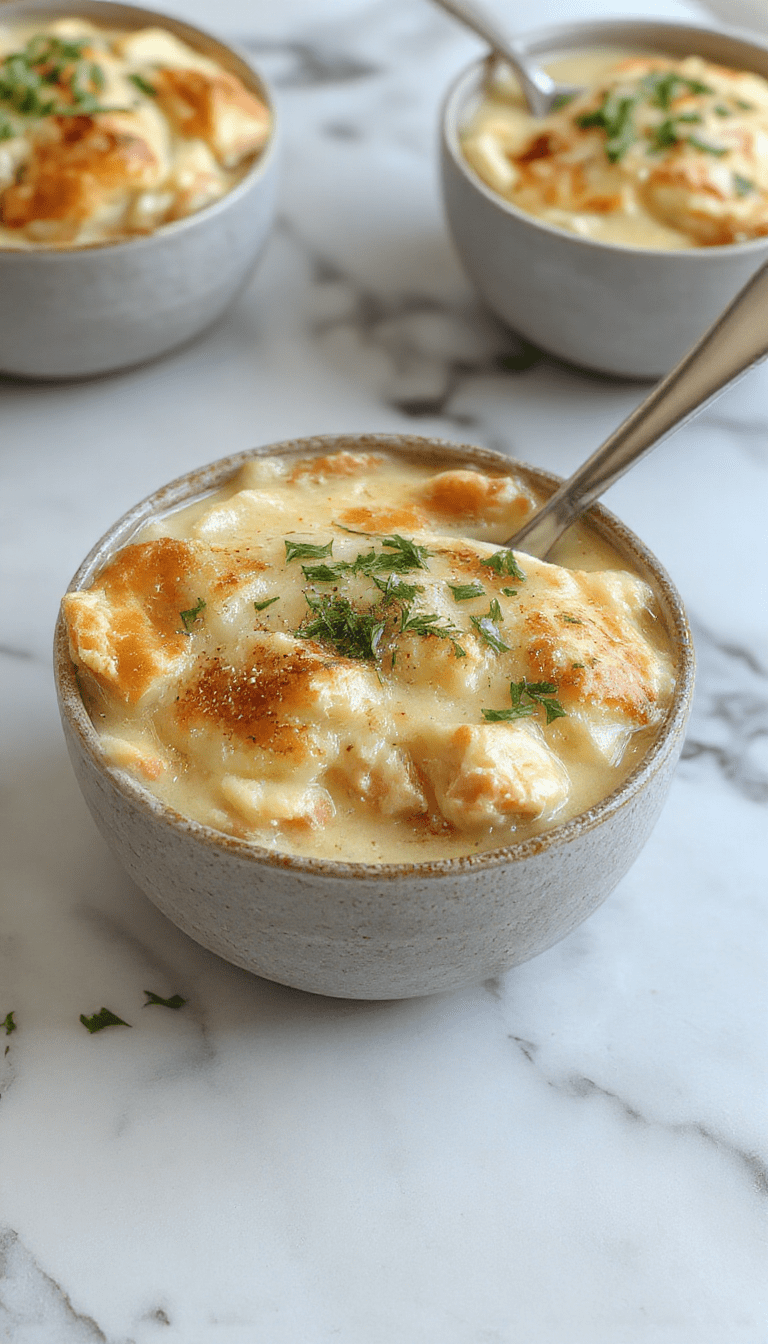 A warm bowl of chicken pot pie soup topped with golden flaky pastry crumbles and fresh herbs, surrounded by rustic bowls filled with the creamy, hearty stew, vibrant orange carrots and tender chunks of chicken visible through the velvety broth, styled on a cozy wooden table with a spoon resting beside the bowl.