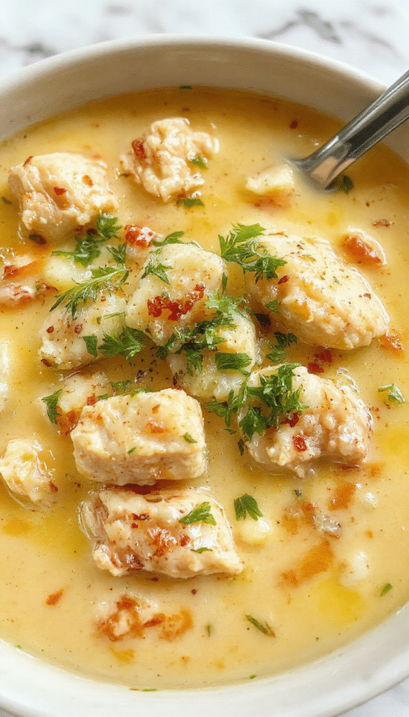 A steaming bowl of creamy chicken and rice soup topped with chopped fresh herbs and a drizzle of cream, served on a rustic wooden table, with a side of crispy bread. The soup has a rich, velvety texture with chunks of shredded chicken, tender rice, and vibrant green herbs, all captured with bright, inviting lighting that highlights its warm, nourishing appeal.