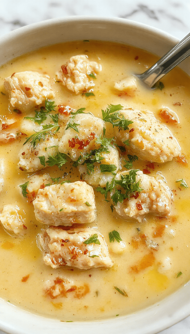 A steaming bowl of creamy chicken and rice soup topped with chopped fresh herbs and a drizzle of cream, served on a rustic wooden table, with a side of crispy bread. The soup has a rich, velvety texture with chunks of shredded chicken, tender rice, and vibrant green herbs, all captured with bright, inviting lighting that highlights its warm, nourishing appeal.