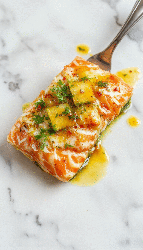 Colorful plated salmon atop a rich coconut curry sauce with vibrant herbs and sliced garlic butter, garnished with lime and fresh cilantro, showcasing a glossy sauce, crispy edges on the salmon, and a rustic wooden table background.