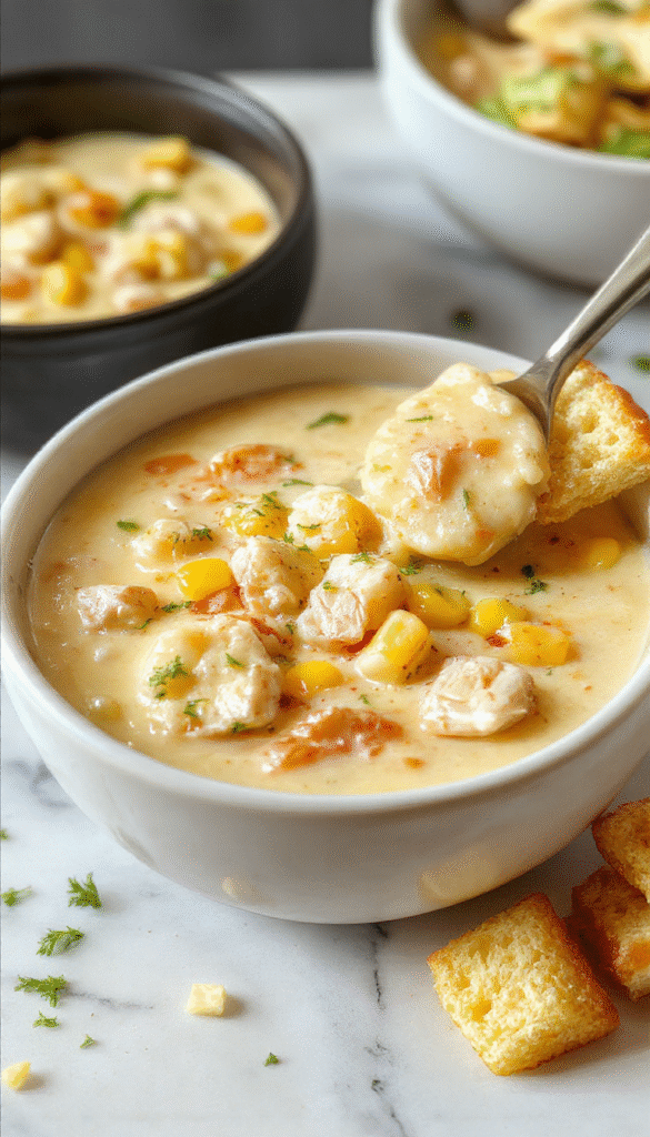 A warm bowl of creamy chicken corn chowder topped with fresh herbs, surrounded by chunks of tender chicken, yellow corn kernels, and a thick broth with a velvety texture, garnished with chopped parsley and served on a rustic wooden table.