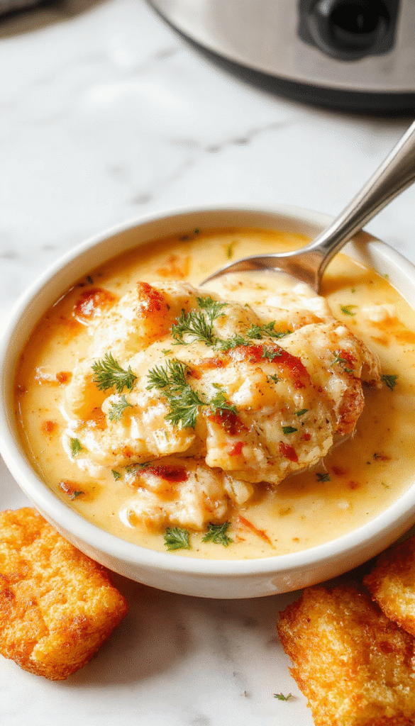 A steaming bowl of creamy chicken parmesan soup with melted mozzarella cheese, garnished with fresh basil and grated Parmesan, served on a rustic wooden table with crusty bread in the background.