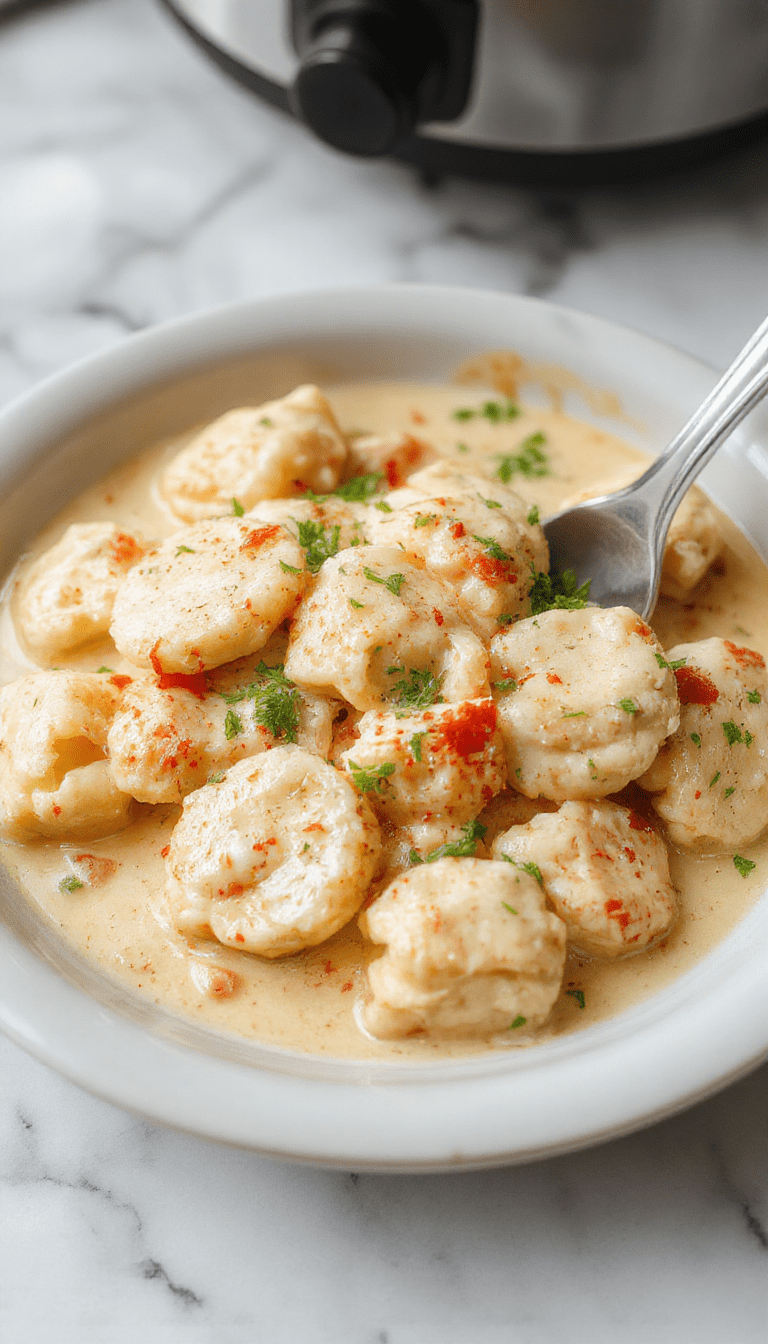 A vibrant bowl of creamy chicken tortellini garnished with fresh herbs, featuring golden tortellini filled with cheese and tender pieces of shredded chicken in a rich sauce, plated on a rustic wooden surface with colorful vegetables and a sprig of basil.