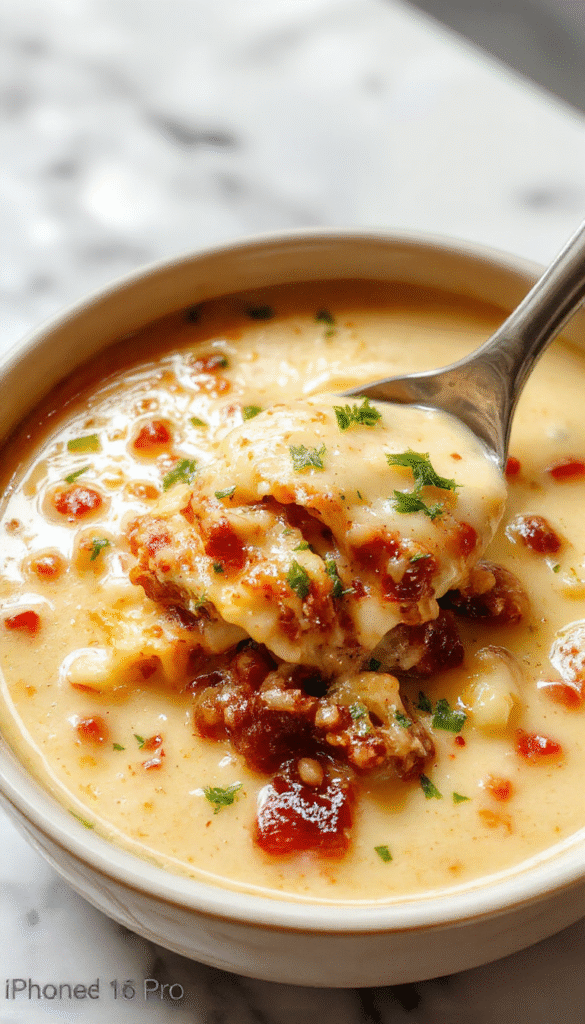 A vibrant bowl of creamy crockpot lasagna soup featuring layers of melted cheese, rich tomato broth, and pasta, garnished with fresh basil and grated Parmesan, styled with a rustic wooden background and a spoon dipping into the savory dish