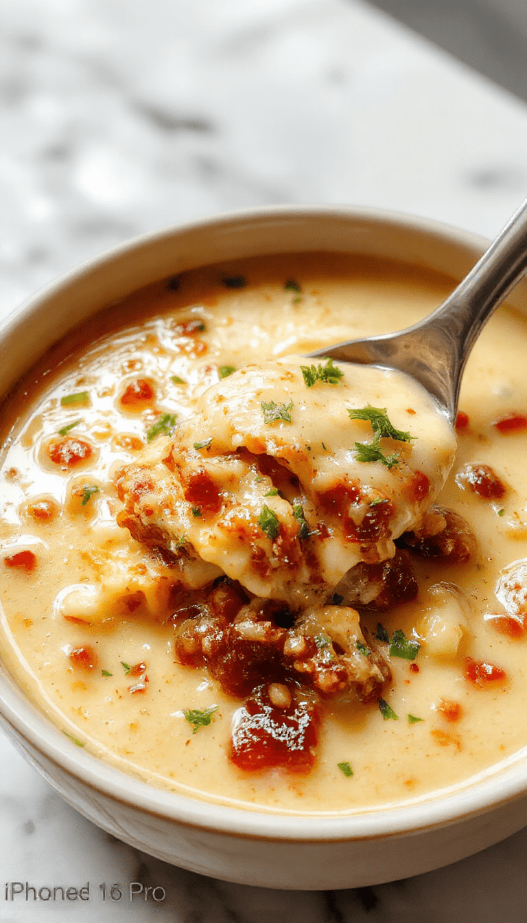A vibrant bowl of creamy crockpot lasagna soup featuring layers of melted cheese, rich tomato broth, and pasta, garnished with fresh basil and grated Parmesan, styled with a rustic wooden background and a spoon dipping into the savory dish
