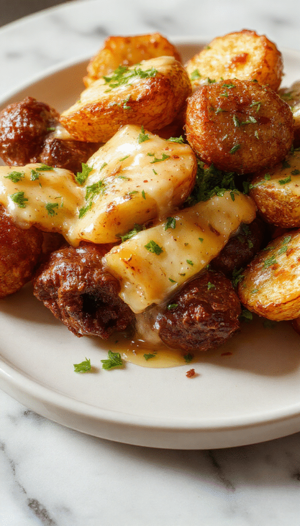 A close-up shot of tender beef bites coated in rich garlic butter sauce, served alongside crispy roasted potatoes on a rustic wooden board, garnished with fresh herbs, with vibrant colors highlighting the juicy meat, golden potatoes, and aromatic garlic.