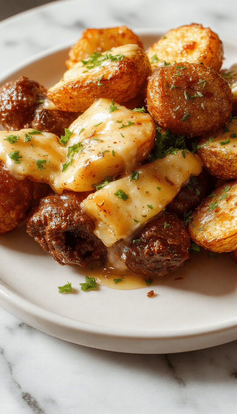 A close-up shot of tender beef bites coated in rich garlic butter sauce, served alongside crispy roasted potatoes on a rustic wooden board, garnished with fresh herbs, with vibrant colors highlighting the juicy meat, golden potatoes, and aromatic garlic.