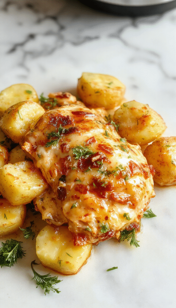 A rustic white plate showcasing tender shredded chicken coated in creamy garlic parmesan sauce, surrounded by golden roasted potatoes. The dish is garnished with chopped parsley, with a side of fresh green herbs and a drizzle of sauce emphasizing its savory appeal, styled for a cozy, inviting meal.