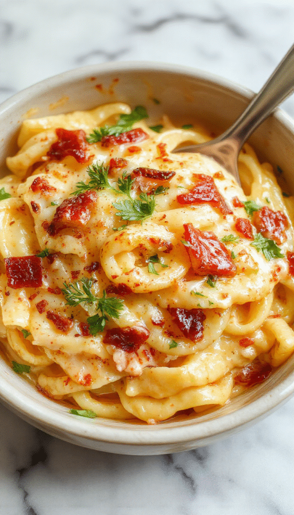 A vibrant bowl of creamy garlic pasta featuring perfectly cooked al dente noodles coated in a rich, velvety sauce with fresh parsley and minced garlic on a rustic wooden surface, topped with grated cheese and a sprig of herbs, evoking warmth and comfort.