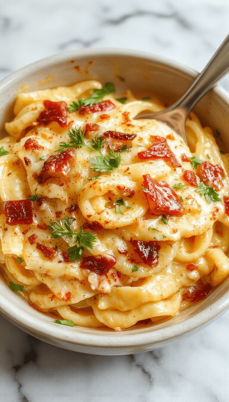 A vibrant bowl of creamy garlic pasta featuring perfectly cooked al dente noodles coated in a rich, velvety sauce with fresh parsley and minced garlic on a rustic wooden surface, topped with grated cheese and a sprig of herbs, evoking warmth and comfort.