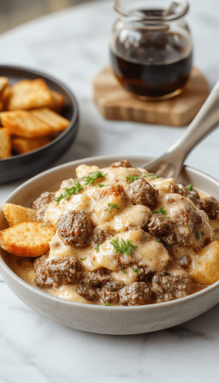 A vibrant plate of ground beef stroganoff featuring tender beef in a rich creamy mushroom sauce, served over egg noodles with fresh parsley garnish, styled on a rustic wooden table with a warm ambiance.