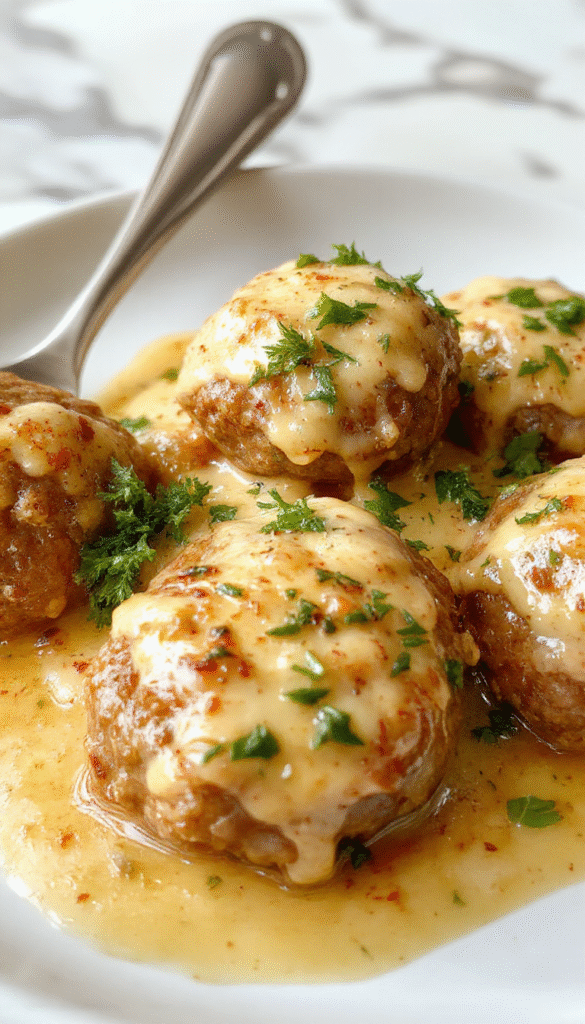 A close-up of golden-brown Italian meatballs nestled in a rich tomato sauce, garnished with fresh basil, served on a rustic white plate with a sprig of basil on top, highlighting their juicy, tender texture and inviting aroma.
