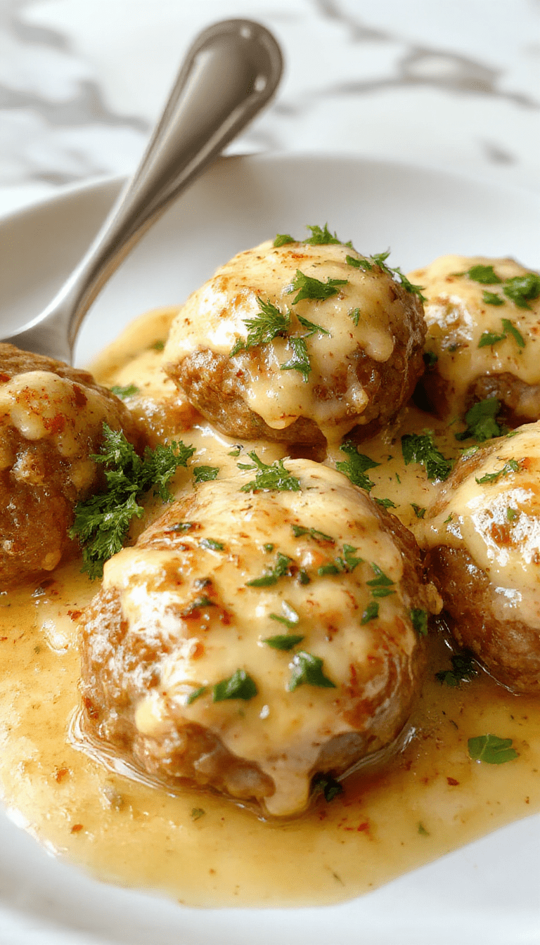 A close-up of golden-brown Italian meatballs nestled in a rich tomato sauce, garnished with fresh basil, served on a rustic white plate with a sprig of basil on top, highlighting their juicy, tender texture and inviting aroma.