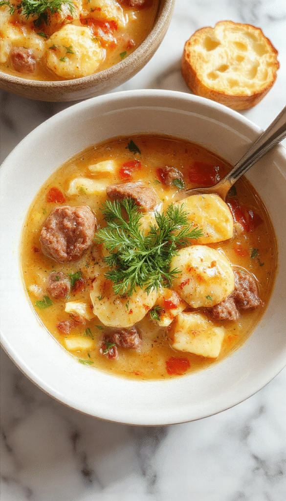 A vibrant bowl of creamy Italian sausage gnocchi soup featuring golden brown sausage, soft pillowy gnocchi, and fresh herbs, topped with a sprinkle of Parmesan cheese, served steaming hot on a rustic wooden table with a spoon resting beside the bowl.