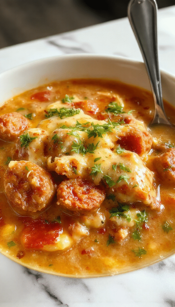 A vibrant bowl of Italian sausage soup featuring browned slices of sausage, melted Parmesan cheese, fresh herbs, and vegetables in a clear, savory broth, garnished with parsley and grated cheese, styled in a rustic bowl on a wooden table with warm lighting.