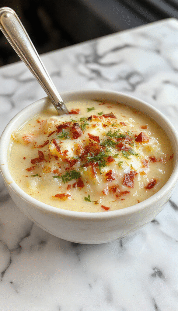 A steaming bowl of creamy loaded baked potato soup featuring golden-brown bacon bits, melted cheese, scallions, and a dollop of sour cream, garnished with chopped chives on a rustic wooden table, showcasing rich textures and inviting warm colors.