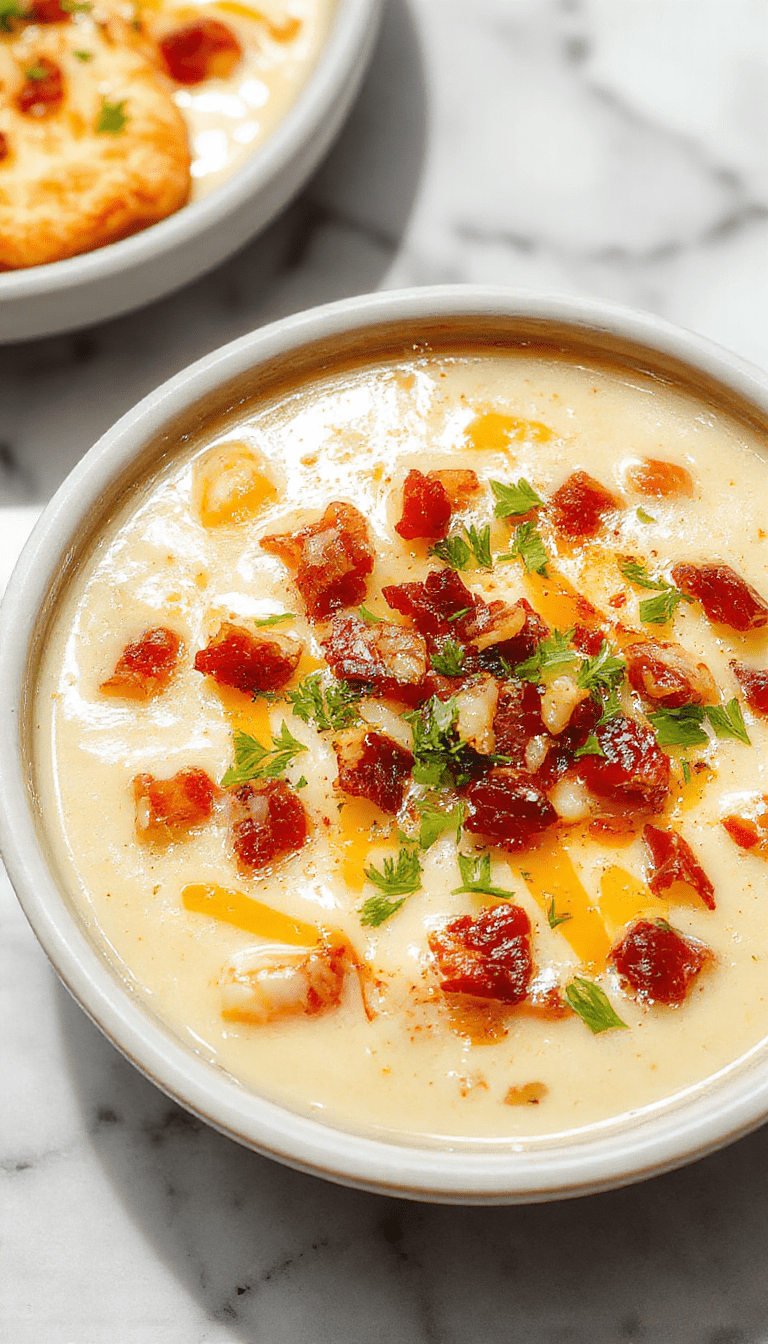 A steaming bowl of loaded potato soup featuring a creamy, golden base topped with crispy bacon bits, melted cheddar cheese, chopped green onions, and a dollop of sour cream, served in a rustic white bowl with a sprig of fresh herbs on a wooden table setting