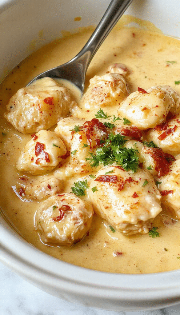 A close-up of a creamy chicken dish in a rustic white bowl, topped with fresh herbs. The chicken appears tender, coated in a rich, savory sauce with a glistening finish. The background features a soft-focus wooden table with ingredients like garlic, herbs, and a spoon, styled with a sprig of parsley for garnish and a warm, inviting atmosphere.