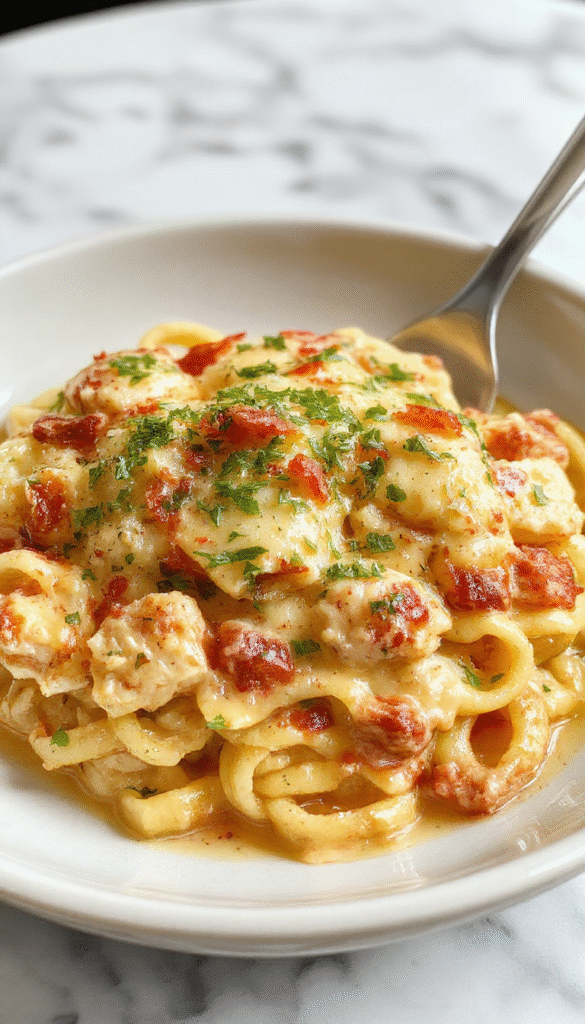 A close-up of a creamy chicken pasta dish served on a white plate, featuring tender chicken pieces coated in a luscious white sauce with herbs, garnished with fresh parsley, set against a rustic wooden table with a sprinkle of black pepper and grated Parmesan, with a fork resting on the side showcasing the rich textures.