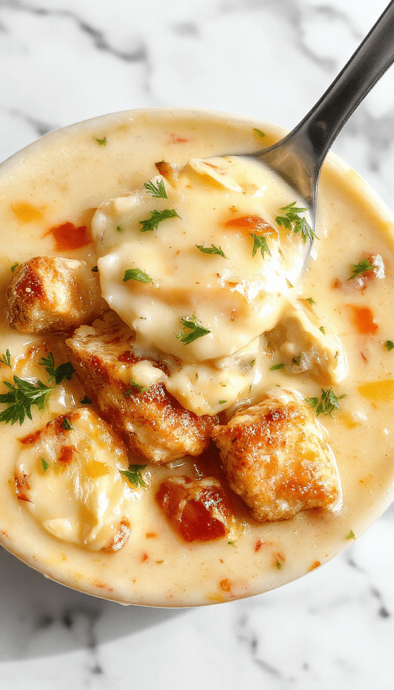 A vibrant bowl of rich and creamy chicken soup garnished with fresh herbs, featuring tender shredded chicken, colorful vegetables, and a velvety broth presented on a rustic wooden table with a spoon and a napkin.