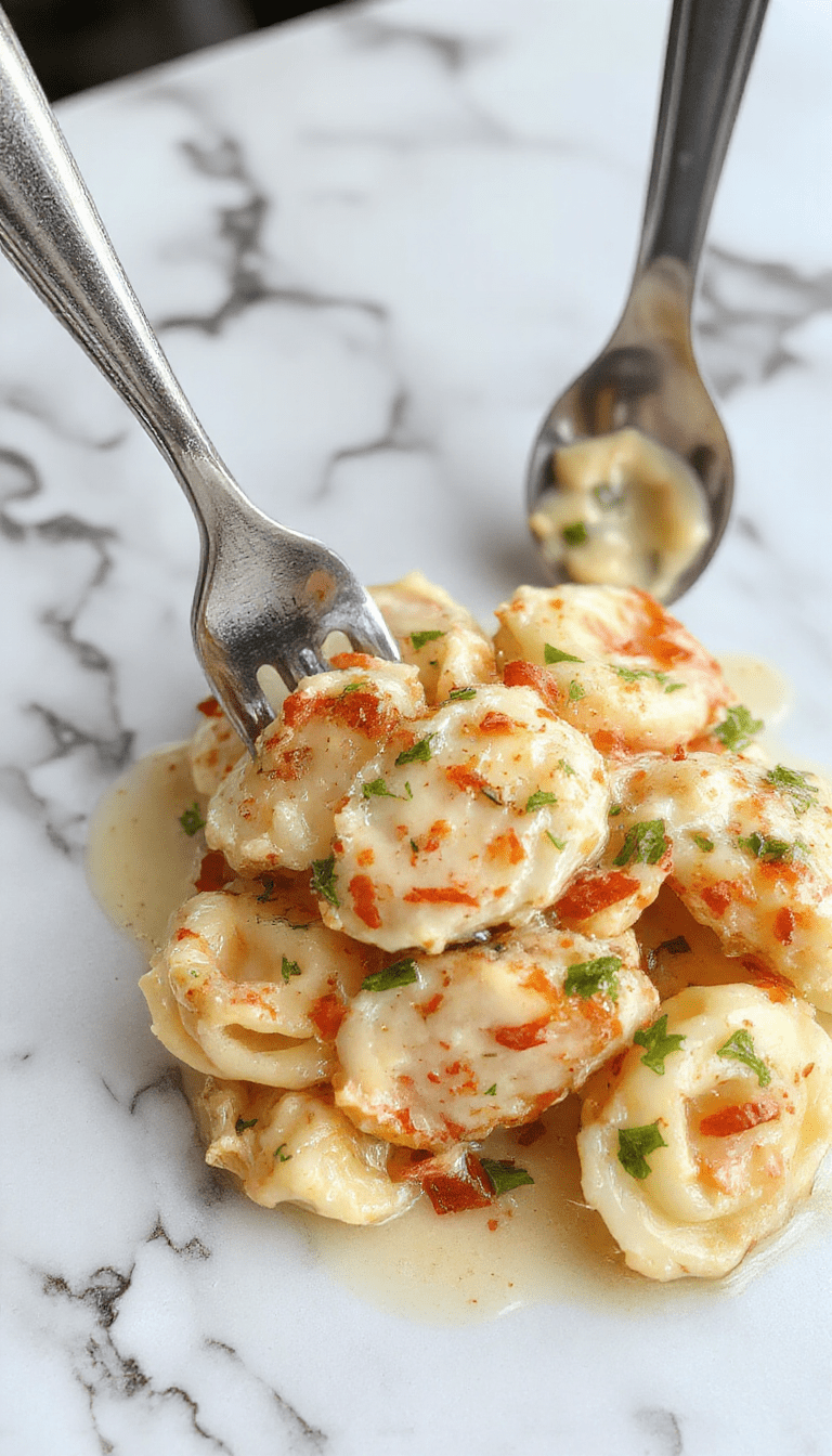 A vibrant plate of cheesy tortellini topped with succulent chicken pieces, garnished with fresh herbs and a drizzle of creamy sauce, presented on a white ceramic dish with a rustic wooden background, capturing rich textures and inviting appeal