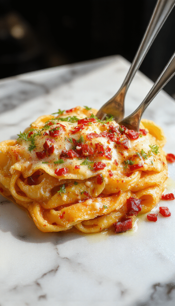 A vibrant plate of creamy Marry Me Pasta featuring colorful tortellini coated in a rich sauce, garnished with fresh herbs, served on a white ceramic dish with a rustic wooden table background, showcasing a glossy, inviting texture.