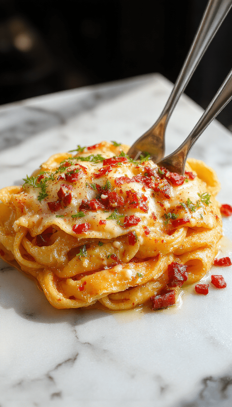 A vibrant plate of creamy Marry Me Pasta featuring colorful tortellini coated in a rich sauce, garnished with fresh herbs, served on a white ceramic dish with a rustic wooden table background, showcasing a glossy, inviting texture.