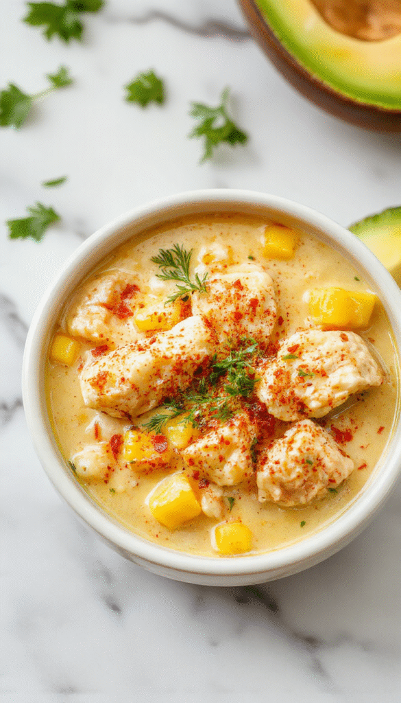 A vibrant bowl of creamy white chicken chili topped with fresh cilantro, crispy corn chips, and drizzle of lime, showcasing tender shredded chicken, colorful corn kernels, and a rich broth, served garnished with chopped cilantro and sliced jalapenos on a rustic wooden table.