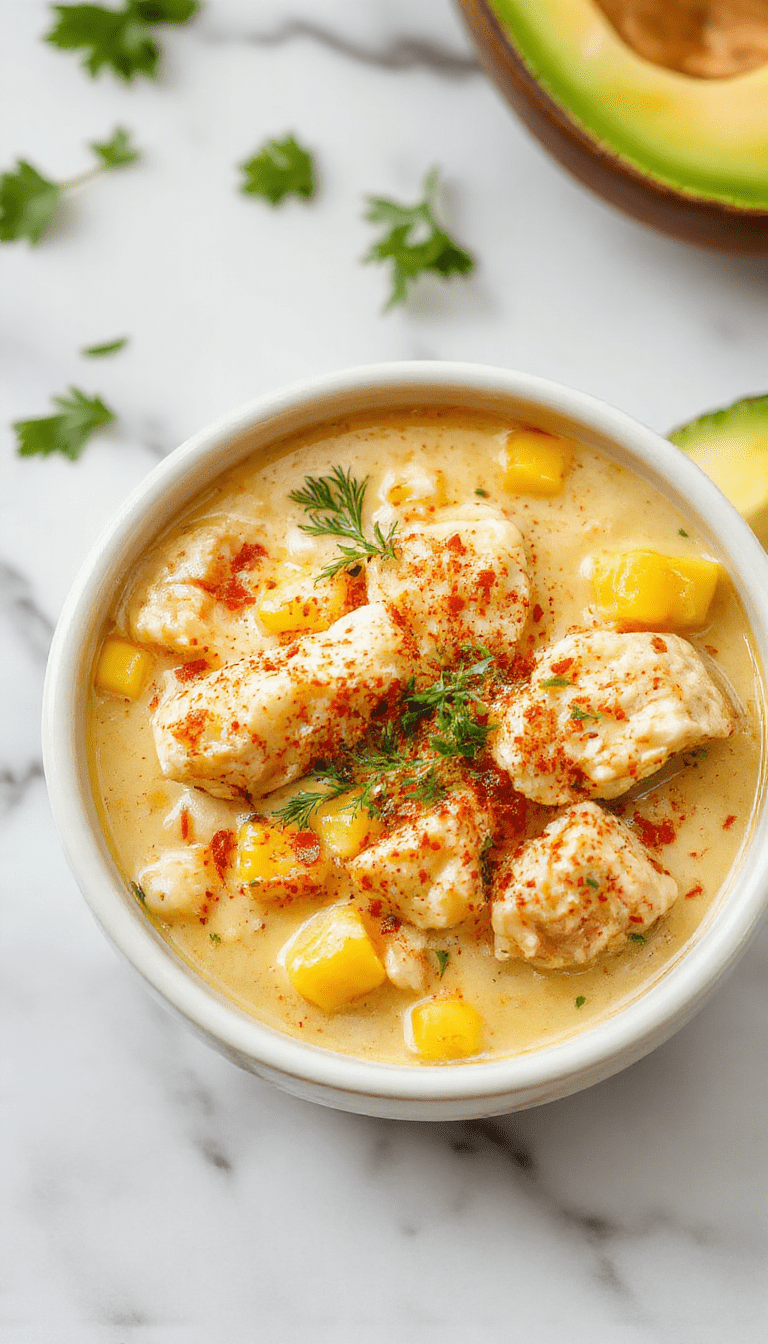 A vibrant bowl of creamy white chicken chili topped with fresh cilantro, crispy corn chips, and drizzle of lime, showcasing tender shredded chicken, colorful corn kernels, and a rich broth, served garnished with chopped cilantro and sliced jalapenos on a rustic wooden table.